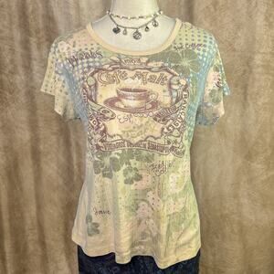 Y2K Euro Cafe Baby Tee Malt Coffee Shop Rhinestone T-Shirt Graphic Print Indie
